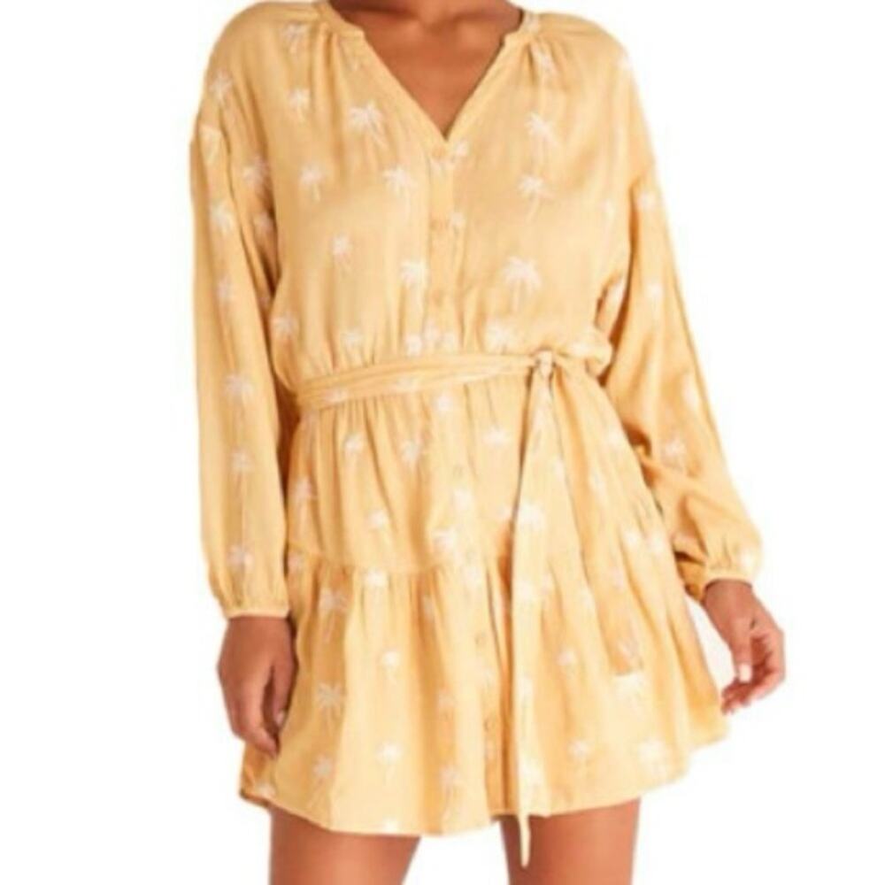 Z Supply Dress NWT M Palm Tree Embroidered Tiered Shirtdress Yellow Long Sleeve
